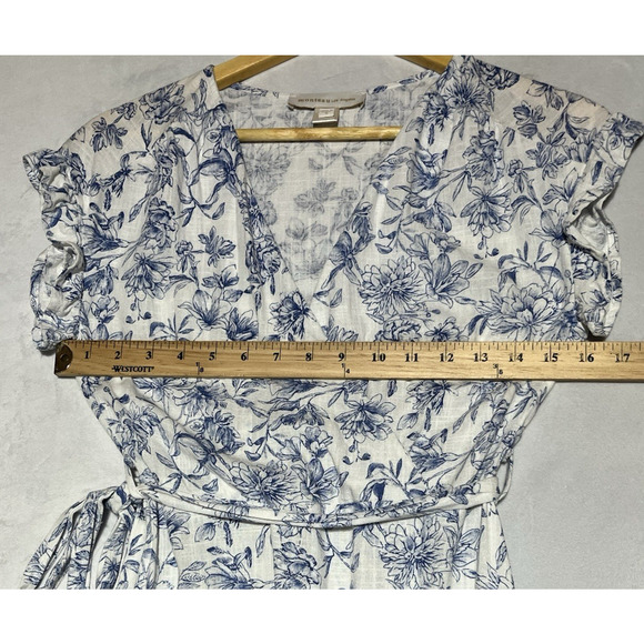 Monteau Linen Blend Faux Wrap Dress Small White Blue Floral Flutter Sleeve Tie - Picture 8 of 12